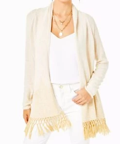 Brand new ⌛ Lilly Pulitzer 👩 women Tatum Long Fringe Hem Cardigan in Gold Metallic 🔔