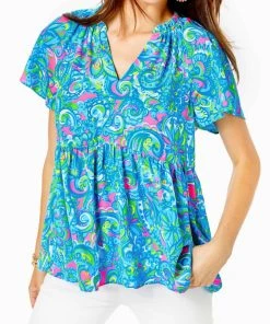 Cheapest 👍 Lilly Pulitzer 👩 women Zadie Top in Seabreeze Blue Hey Gull Friend 💯