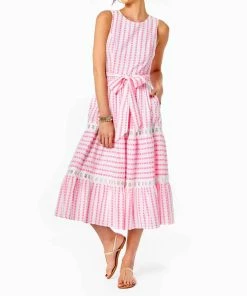 Best Pirce 🔔 Lilly Pulitzer 👩 women Maybella Tiered Midi 👗 Dress in Gingham Stripe Jacquard 😀