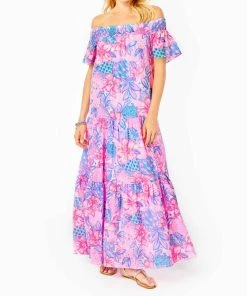 Buy ๐ Lilly Pulitzer ๐ฉ women Dezi Off The Shoulder Maxi ๐ Dress in Pink Isle Snappy Turtle ๐