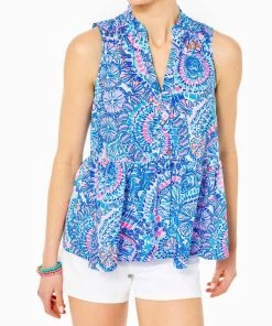 Coupon ⭐ Lilly Pulitzer 👩 women Novella Ruffle Top in Blue Grotto Commotion In The Ocean ⭐