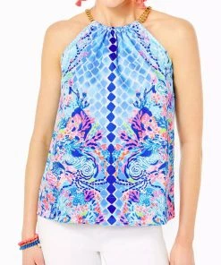 Buy 🌟 Lilly Pulitzer 👩 women Isa Halter Top in Multi Hidden Treasure Engineered Woven Top 🛒